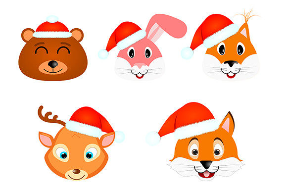 Cheerful Animals in Christmas Hats Illustrations