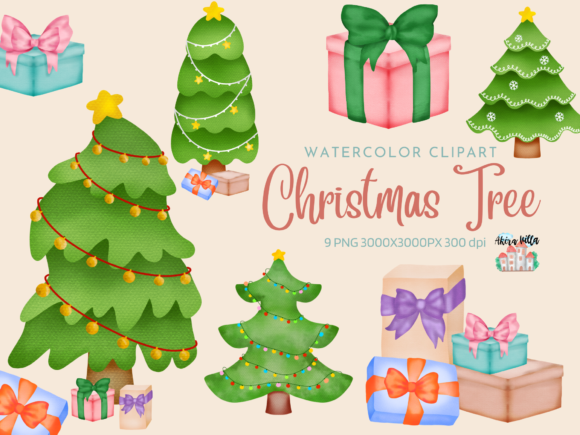 Christmas Tree and Gift Watercolor Illustration
