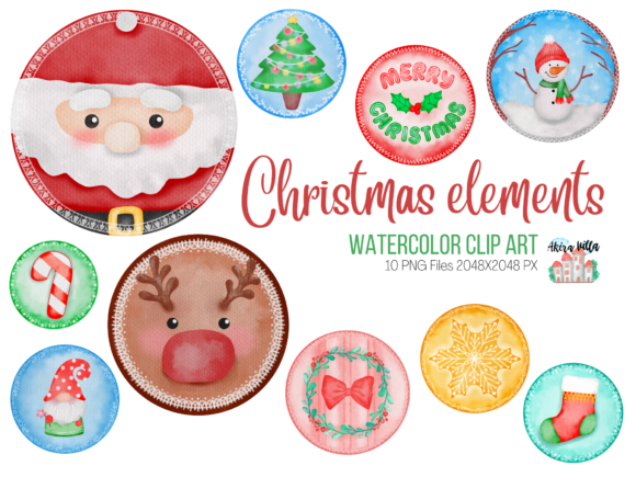 Circle Christmas Elements Watercolor Illustrations