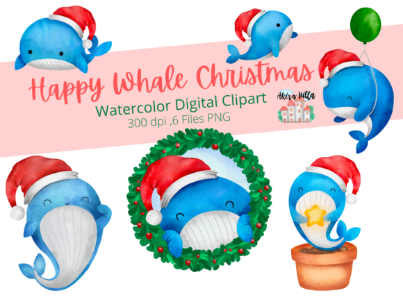 Happy Whale Christmas Watercolor Clipart for Branding and Marketing