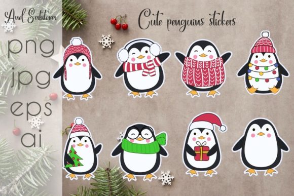 Penguins Christmas Stickers Illustrations