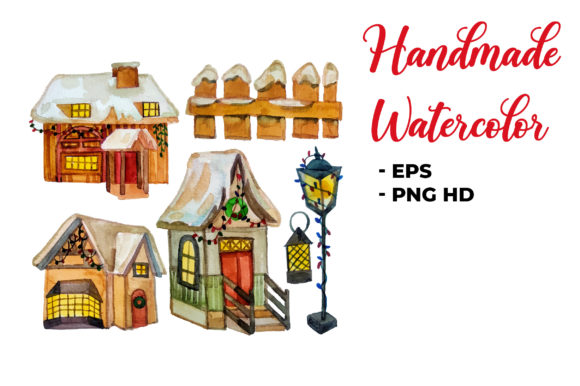 Watercolor Christmas House Elements Illustrations
